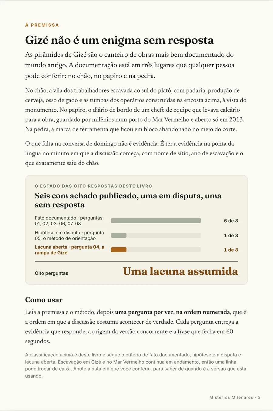 Infográfico: O estado das oito respostas: seis documentadas, uma em disputa, uma lacuna aberta